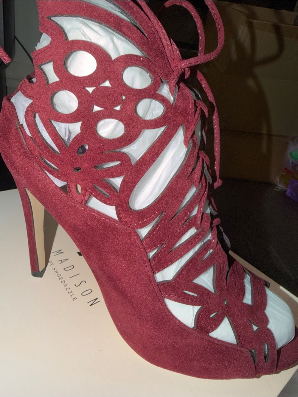 Shoe Dazzle Burgundy Lace-Up Cutout Suede Stiletto Heels